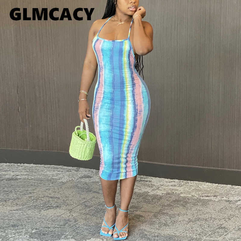 Women Tie Dye Printed Halter Backless Bodycon Dress Slim Fit Backless Sexy & Club Night Out Dresses 210702