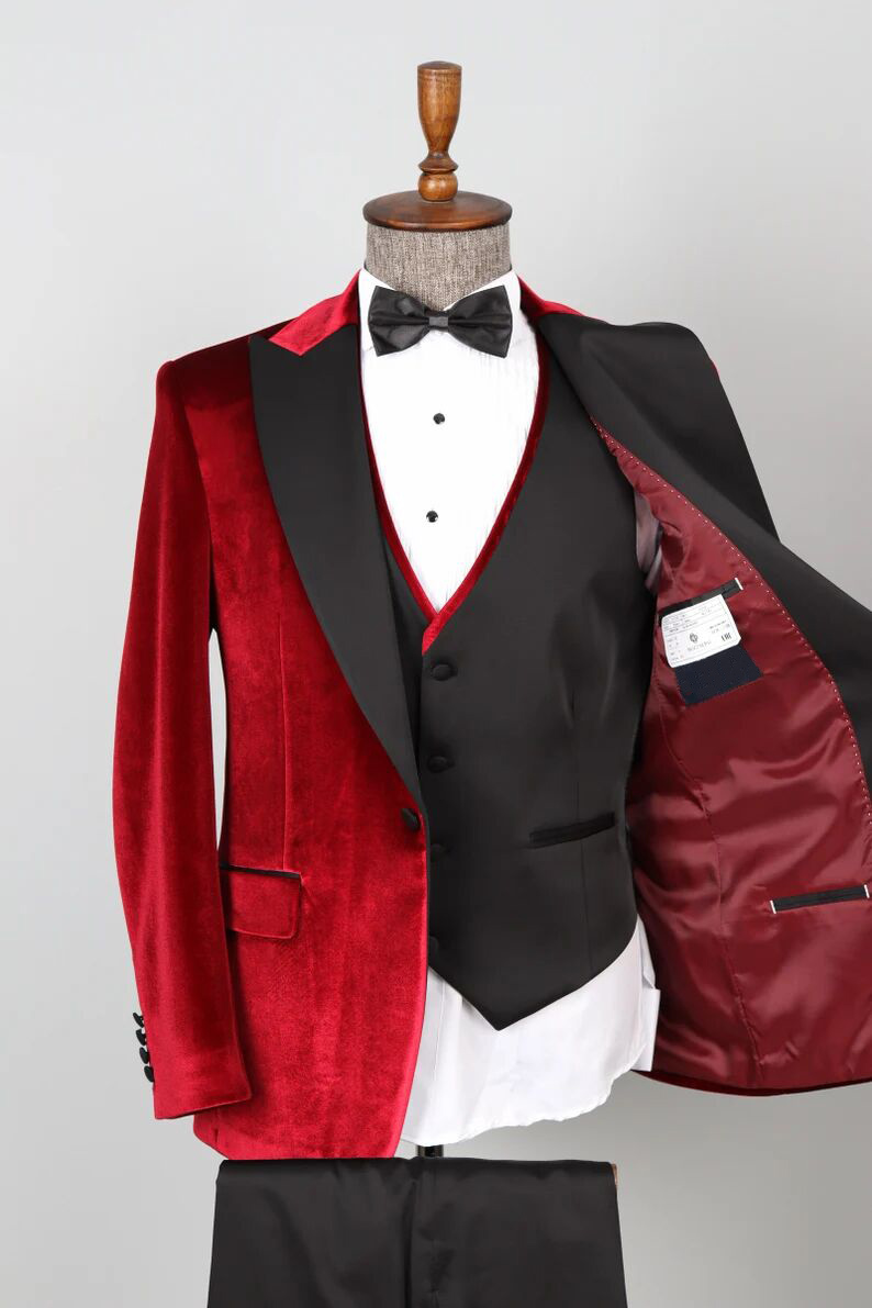 2025 Newest One Button Groom Tuxedos Red Shawl Lapel Slim Fit Mens Wedding Suits Formal Party Prom Suit Custom Made (Jacket+Vest+Pants)