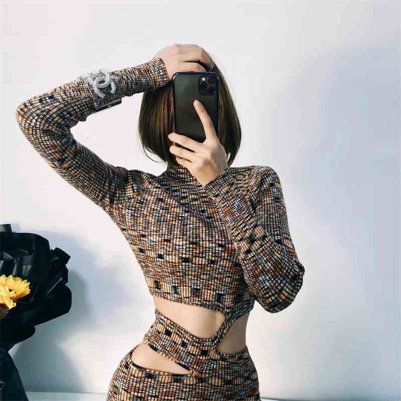 Vintage Hollow Out Hole Waist Bodycon Mid-calf Sexy Dress Retro Women Turtleneck Stretch Split Knitting Long Sleeve Dresses 210429