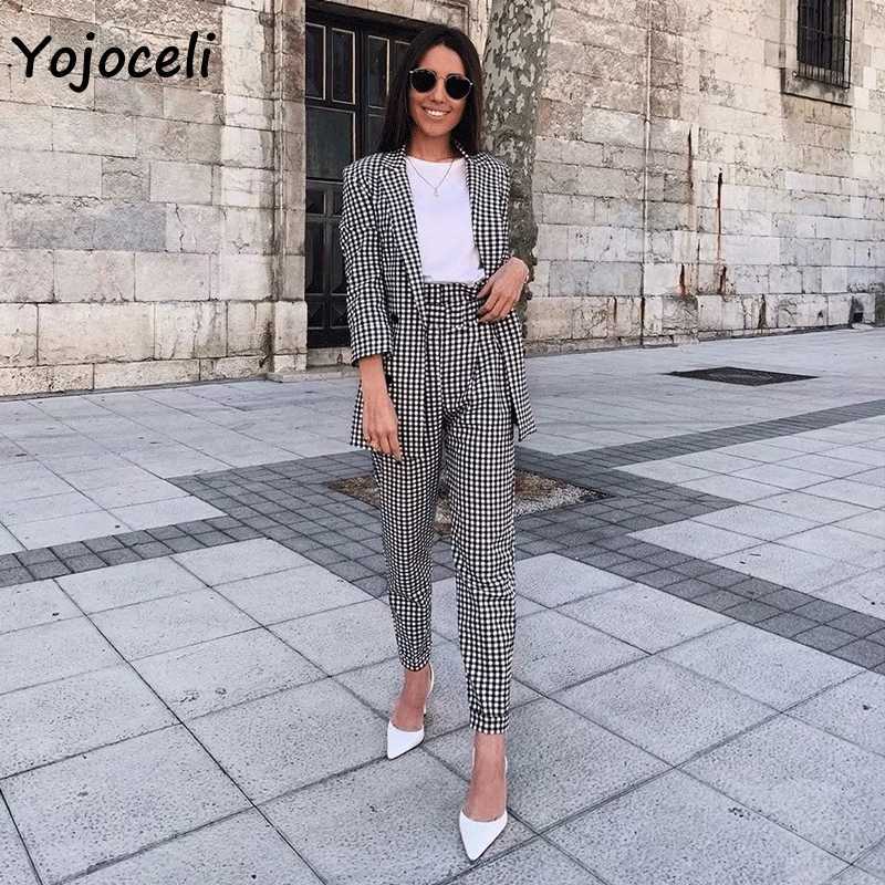 Yojoceli casual black white plaid blazers jackets top streetwear coats 210609