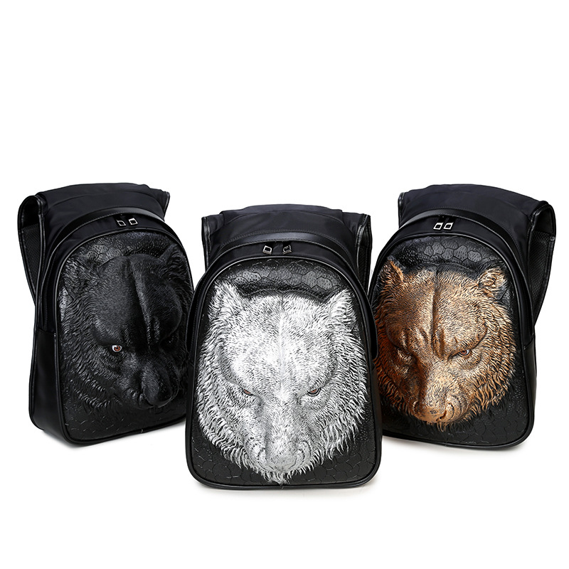 leather shoulder bag men and women 3d Wolf head personality travel backpack high quality girls boys schoolbags