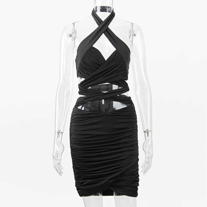DEAT Women Hanging Neck Double-layer Cross Hollow Pleated Tight-fitting Dress Sexy Fashion Spring Summer 11D1109 210709
