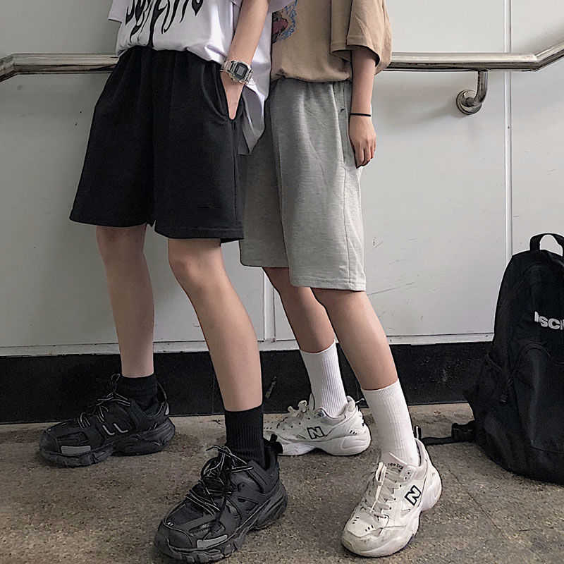 Women Five Pointed Shorts Solid Black Grey Wide short Pants Unisex Students Casual Oversized Streetwear Hip Hop Punk Style 210714