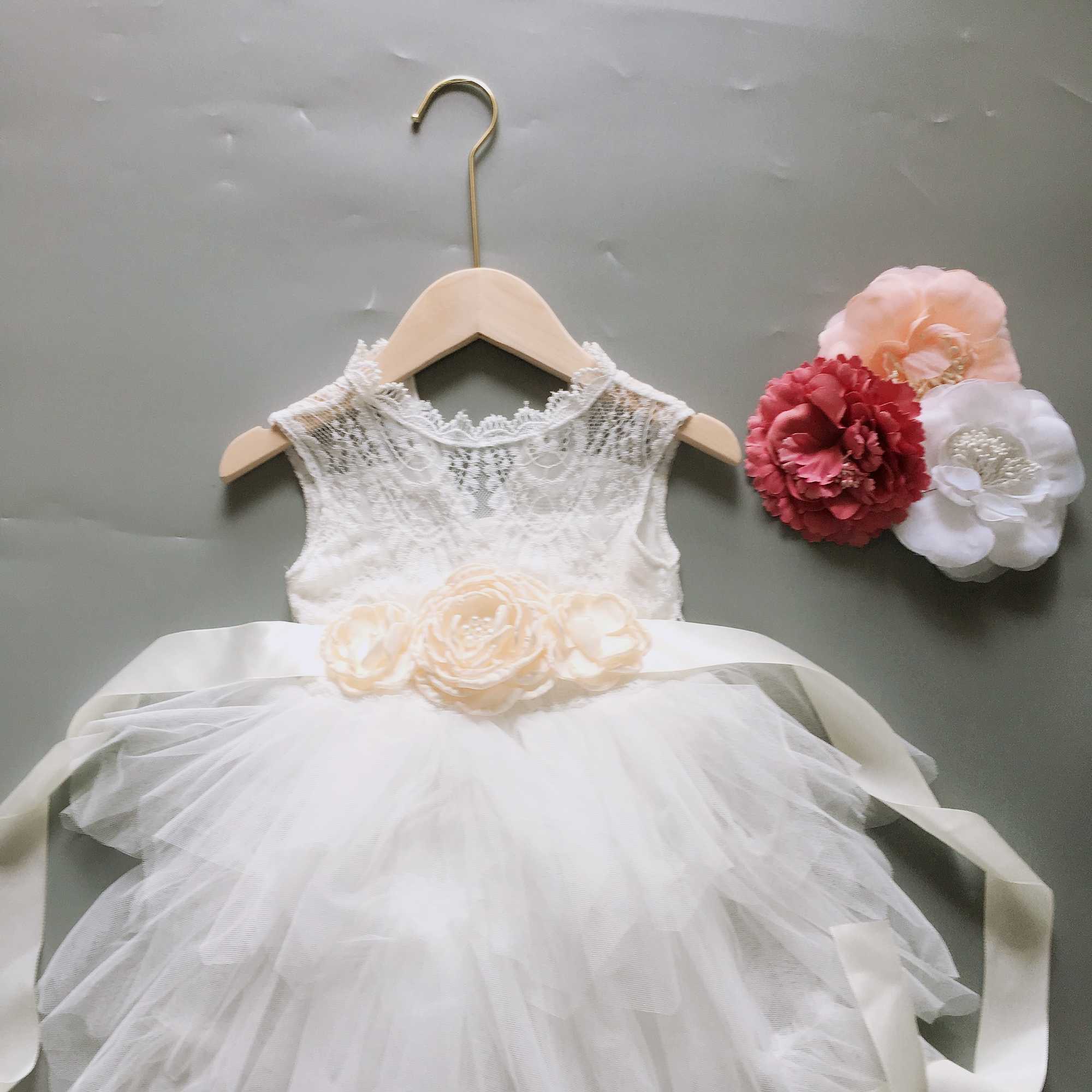 Little Girl Vintage Dress for Kids Lace Flower with Sashes Elegant Girls 3 Layers Tutu Party Gown Clothing 210529