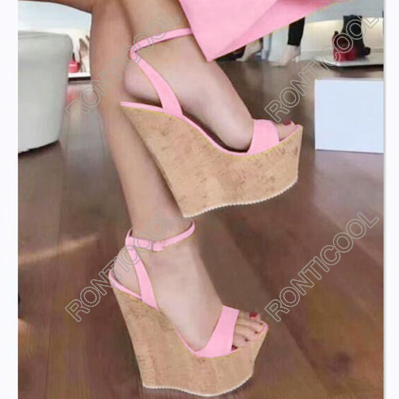 Rontic New Fashion Women Handmade Sandals Ankle Strap Wedges High Heel Open Toe Charm 6 Colors Party Shoes Size 35 45 46 47