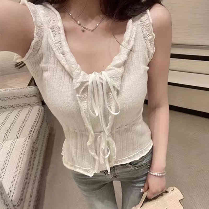Black Lace Up Bowknot Vests For Women V Neck Sleeveless Casual Slim Tank Tops Female Summer Fashion Clothing 210524