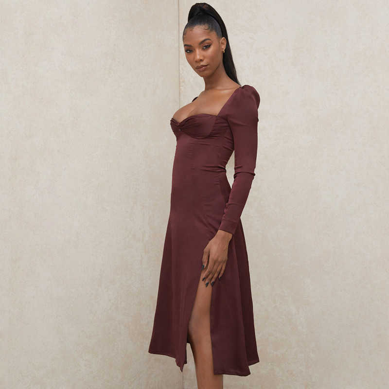 DEAT Women Split Dress Square Collar Long Sleeve Arrivals Lady Sexy Temperament Fashion Spring Summer 210709