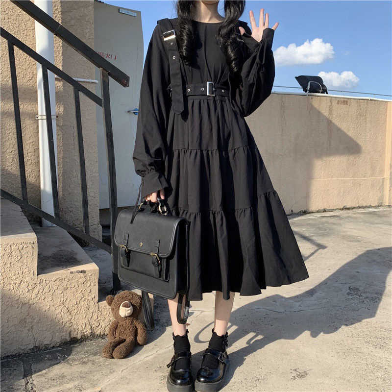 YBYR Japanese Harajuku Women Black Midi Dress Gothic Style Suspenders Bandage Dress Vintage Ruffles Long Baggy Cosplay Costume 210630