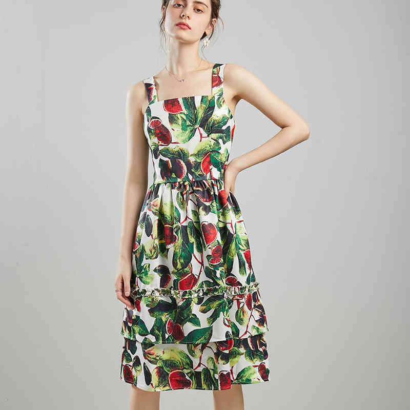 est Summer Fashion Square Collar Spaghetti Strap Sleeveless A-Line Print Slim Knee Dress Women Pleated 210506