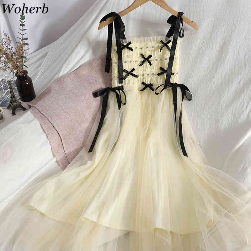 Sweet Woman Dress Pleated Baeding Ruffles Vestidos Mujer Patchwork Gauze Summer Robe Korean Backless Fashion Dresses 210422