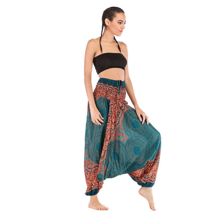 Thailand India Female Casual Loose Big Fork Pants Bohemia Floral Printed Elastici Waist Ladies Lace Up Dance Trouses Harem 210604