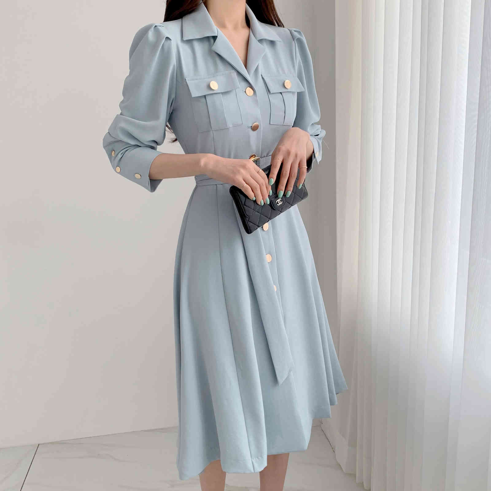 Fashion Spring Korea Shirt Dresses Women's Long Sleeve Office Lady Slim With Belt A-Line Female Dress Robe 210520