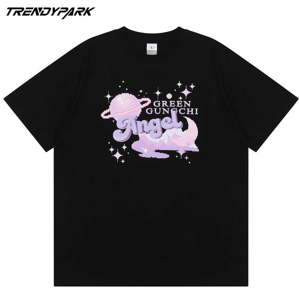 Men Oversize T Shirt Hip Hop Streetwear Universe Painting Angels Print Tshirt Harajuku Cotton Casual Short Sleeve T-Shirt Tops 210601