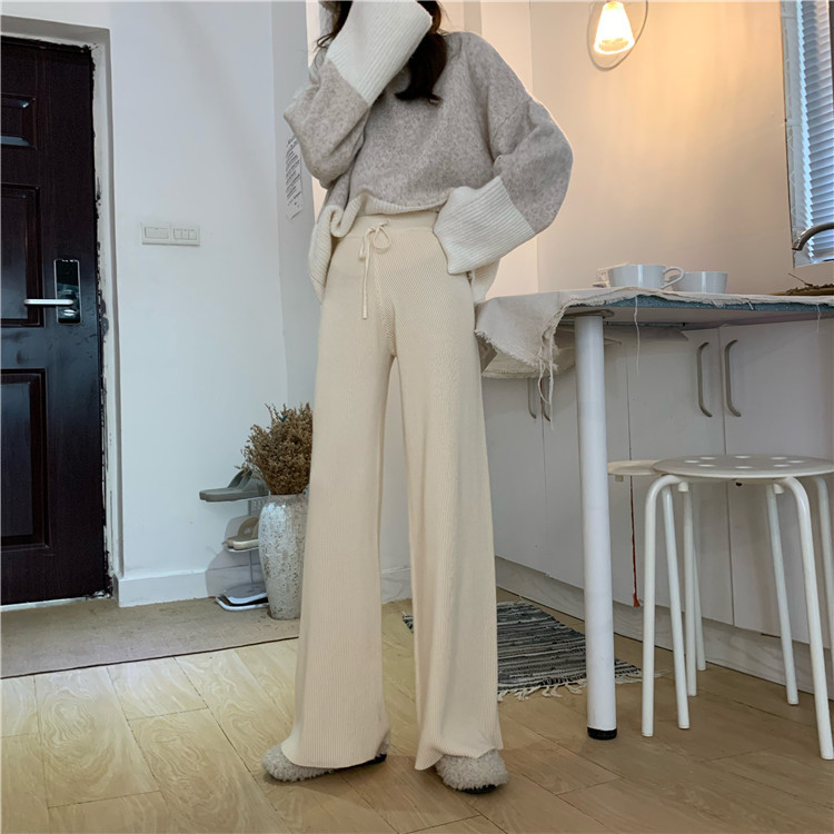 Nomikuma Women Knitted Wide Leg Pants Korean Solid Causal Long Trousers Lace Up Stretch High Waist Sweater Pants Feminimos 6D027 210427