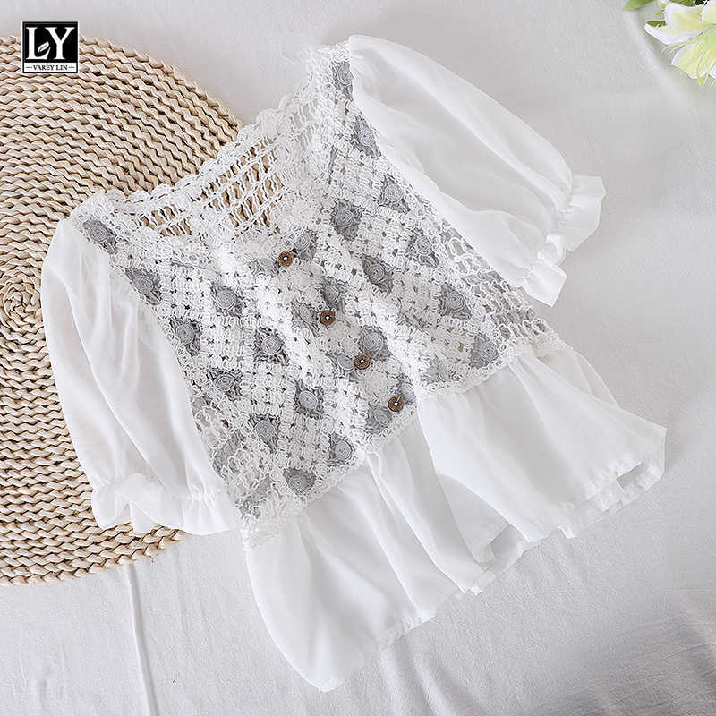 LY VAREY LIN Summer Women Sweet V-neck Lantern Sleeve Female White Shirts Tops Casual Hollow Out Crochet Short Chiffon 210526