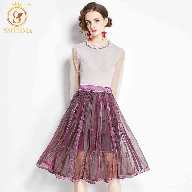 Luxury Design Runway Autumn Bright Silk Stitching Beaded Top + Fashion Mesh Slim Skirt Two-Piece Suit 210520, Photo color 
Luxury Design Runway Autumn Bright Silk Stitching Beaded Top + Fashion Mesh Slim Skirt Two-Piece Suit 210520, Photo color