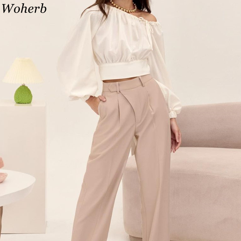 Elegant Off Shoulder White Blouse Solid Pleated Crop Top Stylish Korean Lady Vintage Lantern Sleeve All Match Blusas 210519