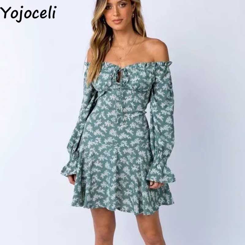 Yojoceli Sexy off shoulder elegant print dres Autumn ruffle short beach female Casual cool party vestidos 210609