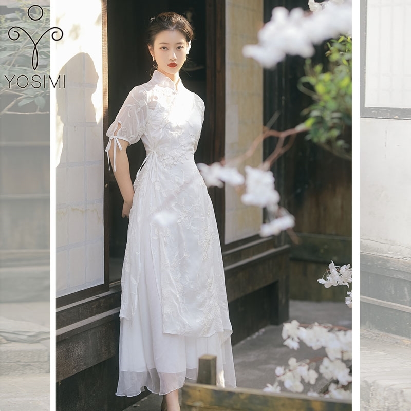 YOSIMI White Women Dress Elegant Summer Embroidery Voile Mid-calf Fit and Flare 2 Piece Set Chinese Stlye Cheongsam 210604 
YOSIMI White Women Dress Elegant Summer Embroidery Voile Mid-calf Fit and Flare 2 Piece Set Chinese Stlye Cheongsam 210604