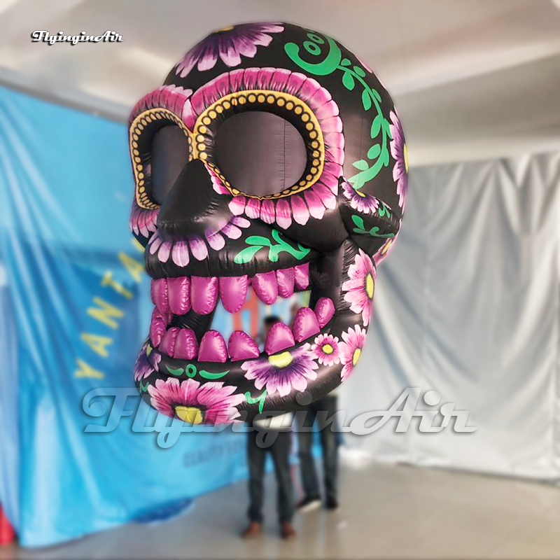 Outdoor Halloween Parade Performance Walking Inflatable Skull Puppet 3m Height Purple Moveable Blow Up Human Head Bone Balloon For Event