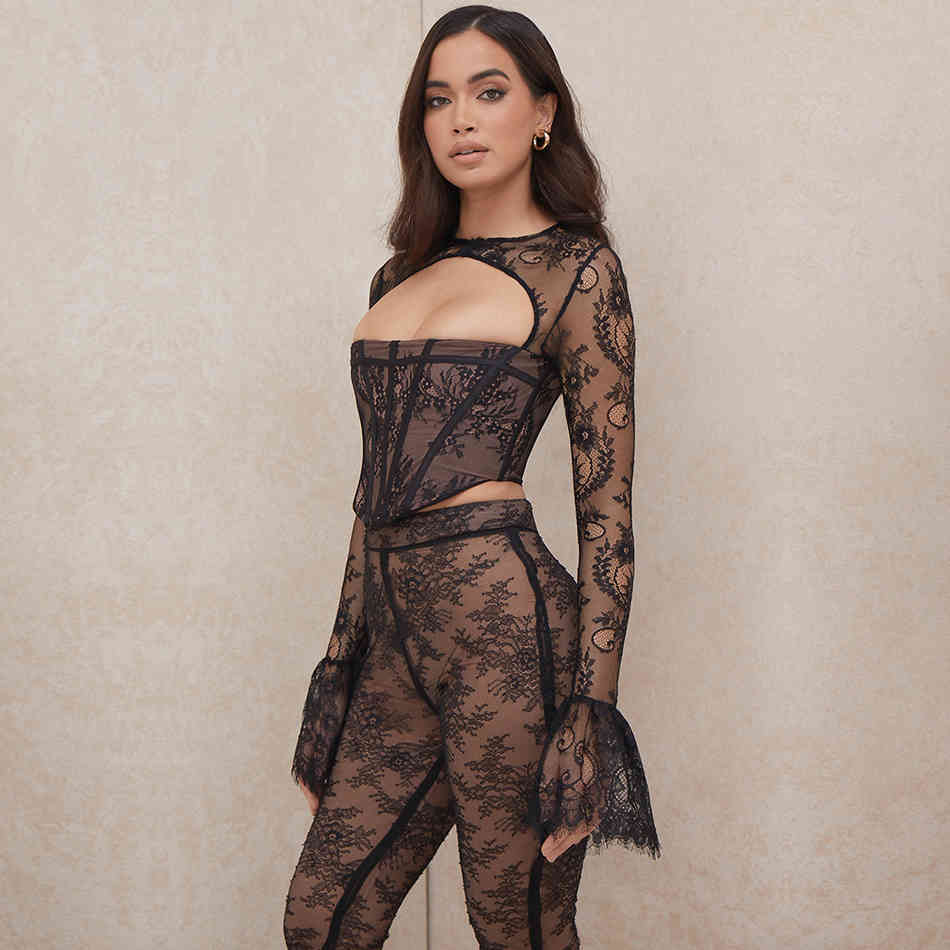 Summer Women Black Lace Bandage 2 Two Pieces Sets Sexy Hollow Out Long Sleeve Tops&Pants Club Celebrity Party Set 210423