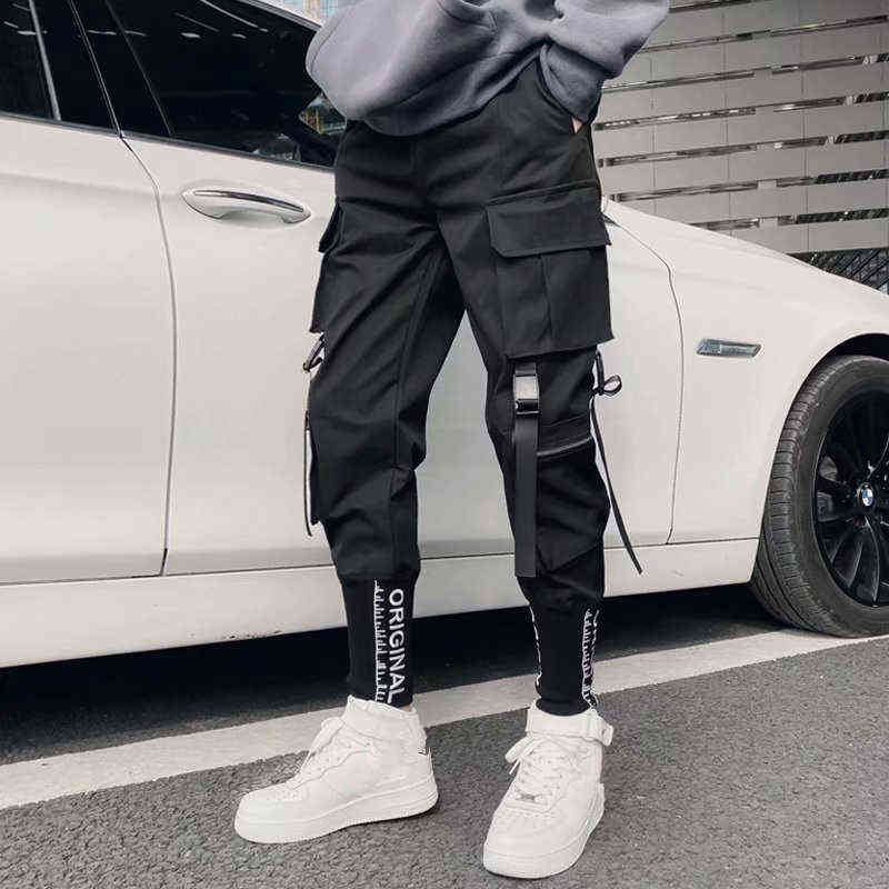 Japanese Fashion Sweatpants Streetwear Cargo Pants for Men Ribbon Pockets Joggers Techwear Men's Trousers Hip Hop 211112