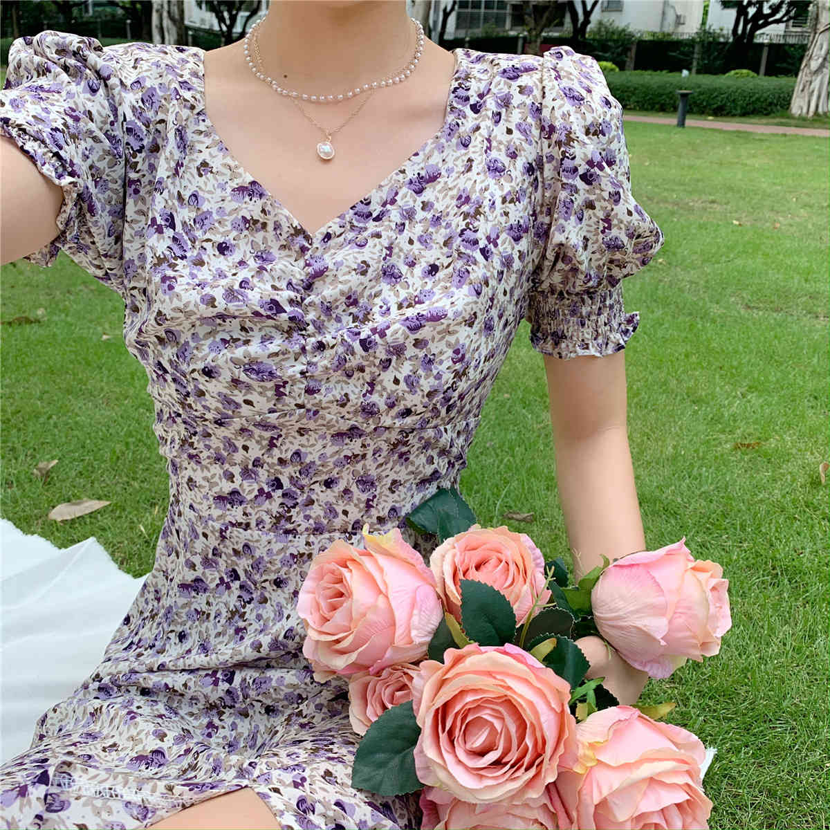 Summer Sexy V-Neck Puff Sleeve Flower Print Chiffon Dress Bodycon Women Chic Slim Waist Split Midi Dresses Vestidos 210518