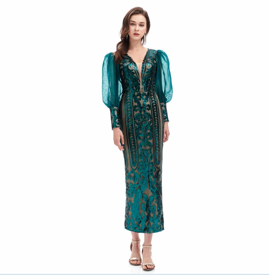 Tea-length Long Sleeve Prom Dresses Real Image Applique Sequins V-neck Burgundy Pink Evening Cocktail Dress in Stock