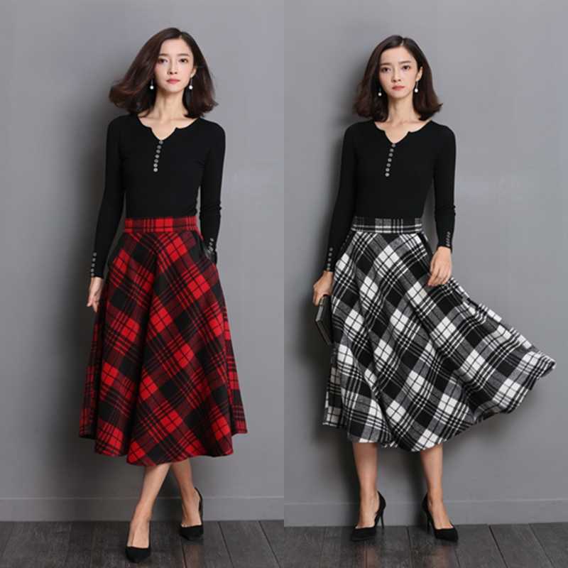 Neophil England Style Red Plaid High Waist Midi Skirts Woolen Plus Size 3XL A Line Pleated Winter Women Tartan S1735 210621
