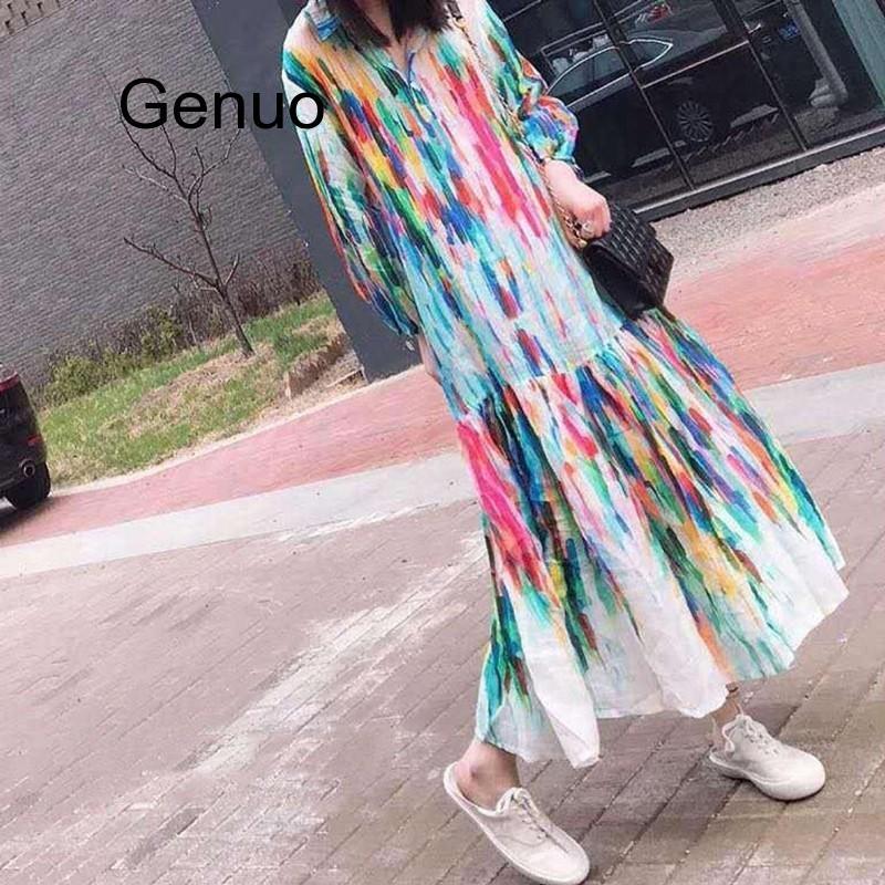 Summer Colorful Women Dress Lapel Lantern Sleeve Button Loose Ankle Length Dresses Female Fashion 2021 Tide Casual