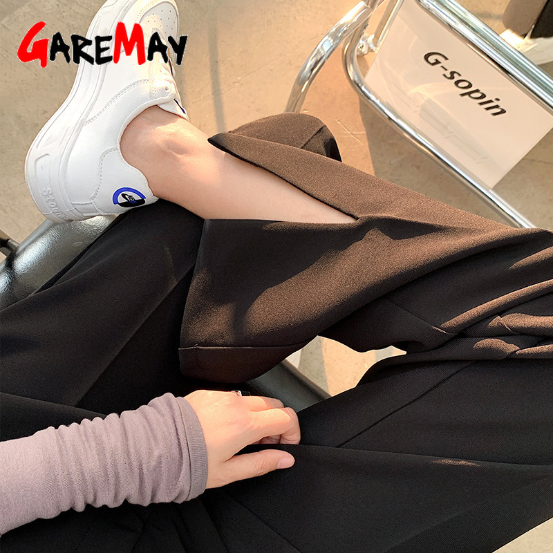 Split Hem Pants for Women Black High Waist Casual Long Slim Streetstyle Korean Wide Leg Office Formal Stacked 210428