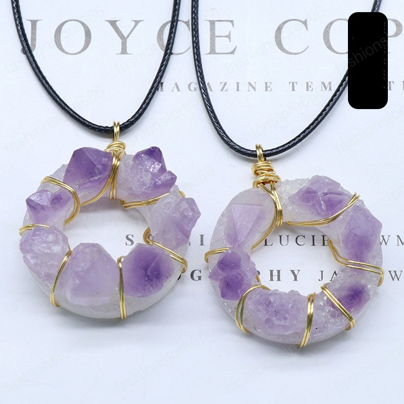 Wire Wrapped Natural Stone Amethyst Pendant Necklace 35mm Donut Pendant Irregular Healing Crystal Collar Necklaces for Women fashion jewelry