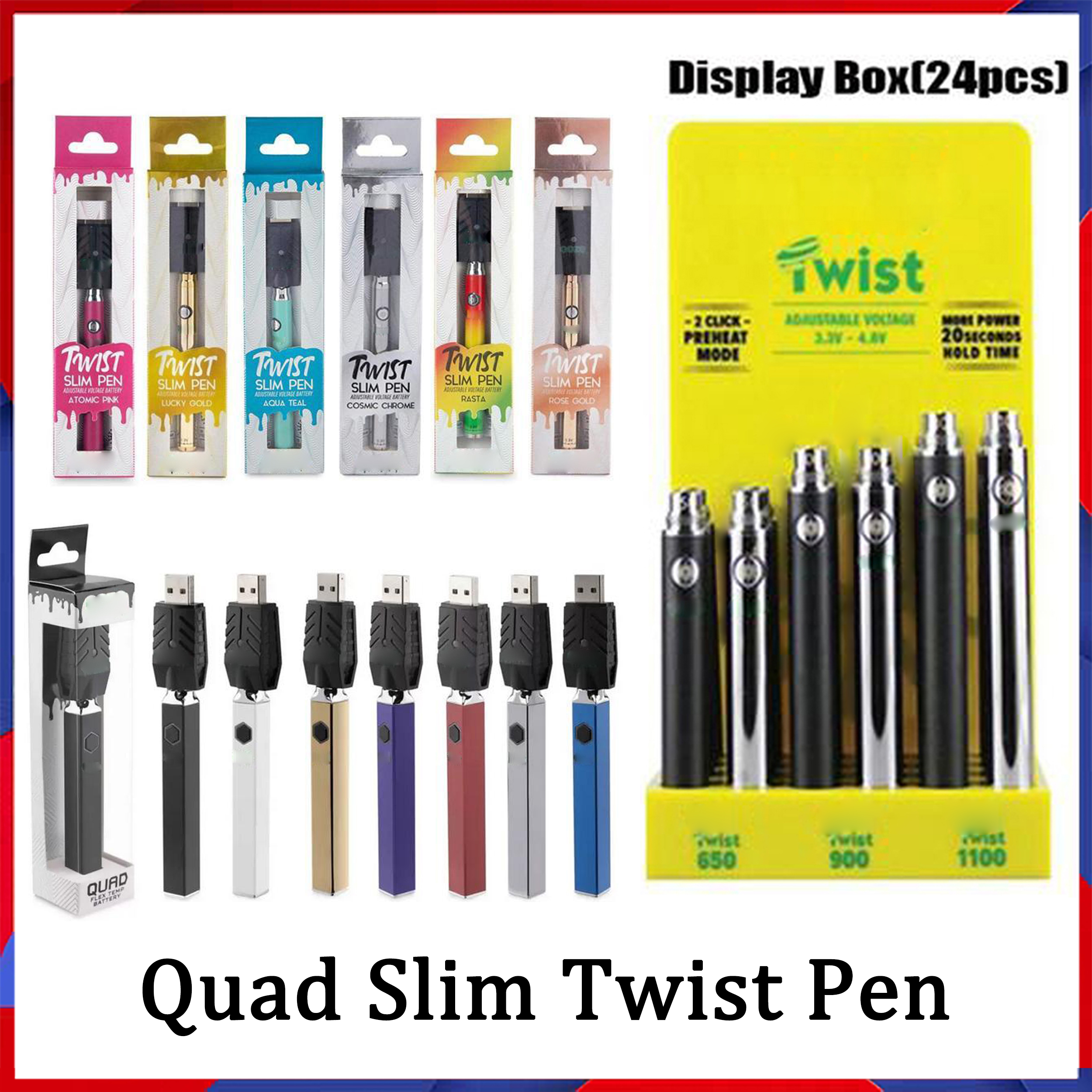 Slim Twist Pen Quad Twist Preheat Battery 650mah 900mah 1100mah With Display Box Variable Voltage 510 thread Vape PK Vision Spinner
Slim Twist Pen Quad Twist Preheat Battery 650mah 900mah 1100mah With Display Box Variable Voltage 510 thread Vape PK Vision Spinner