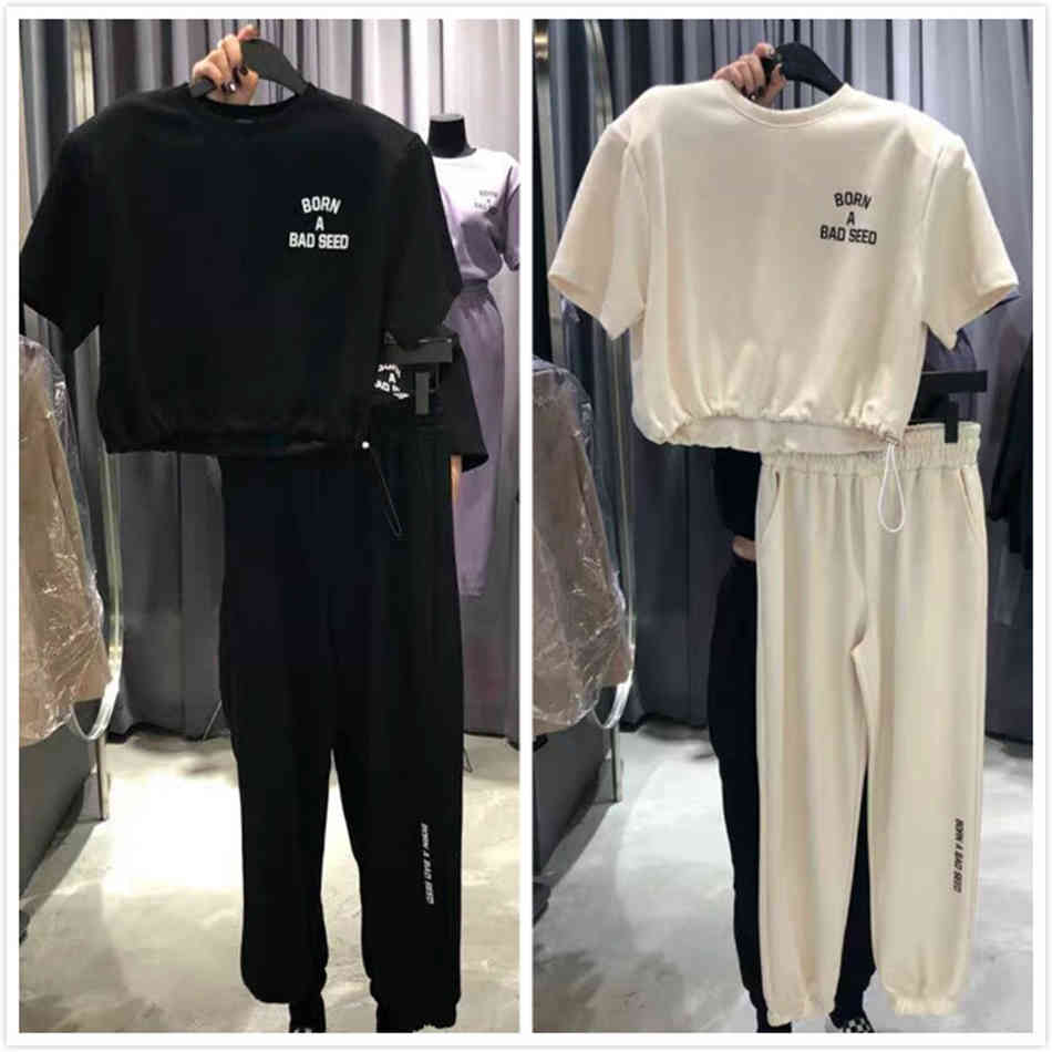 Free Summer Women's Casual Letters Sports Set O-Neck Short Sleeve Drawstring Pullover Top & Trousers Two-Piece 210524