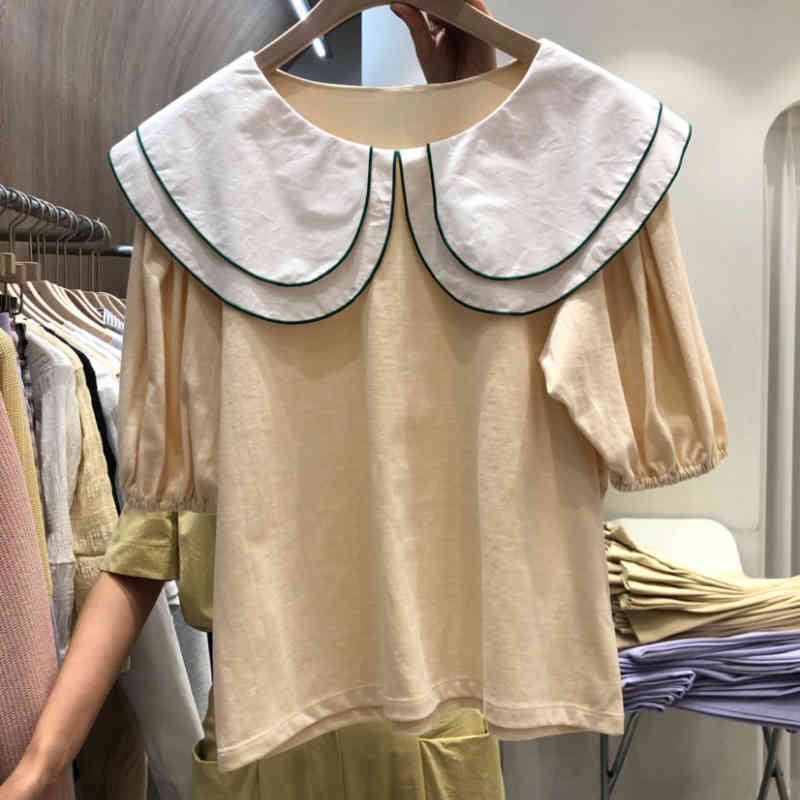 Nomikuma Contrast Color Double Peter Pan Collar Doll Shirt Causal Puff Sleeve Korean Women Tops Summer Sweet Blouse 6H022 210427