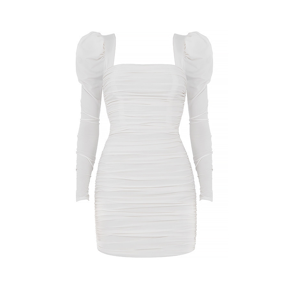 Solid Basic Slim Packaging for Summer Square Neck Puff Sleeve Sexy Dress Ruffle Mini Club Party Bodycon Women 210525