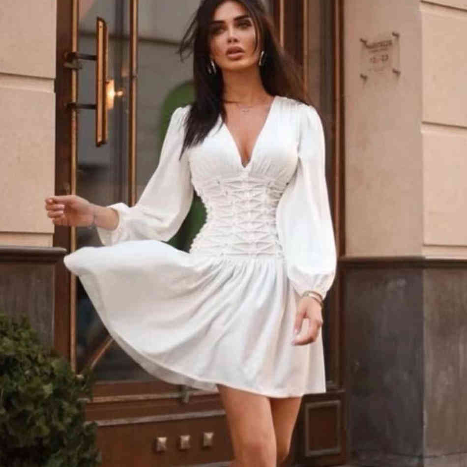 Winter Fashion Women Club Party Dress Sexy V Neck White Black Long Sleeve Casual Mini Celebrity Runway Lady 210423