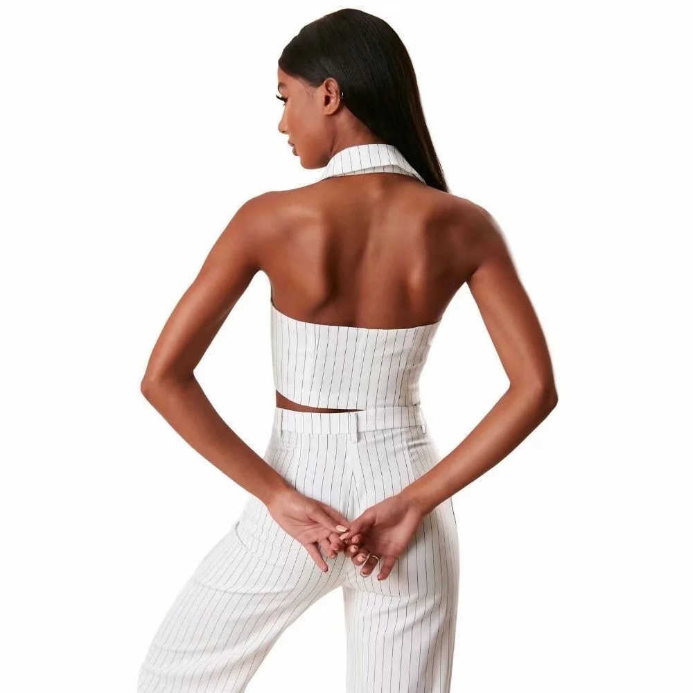 Summer Latest French Retro Striped Lapel Short Vest Female Sleeveless Sexy Backless Slim Short Top Single Breasted Suit Vest 210910