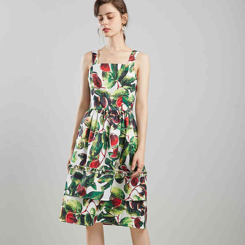 est Summer Fashion Square Collar Spaghetti Strap Sleeveless A-Line Print Slim Knee Dress Women Pleated 210506