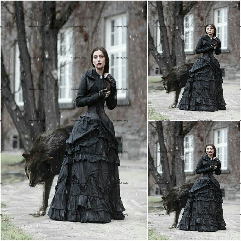 Historical Costumes Renaissance Gothic Wedding Dresses Plus Size Long Sleeve Steampunk Lace-up Corset Top Bridal Dress Wear