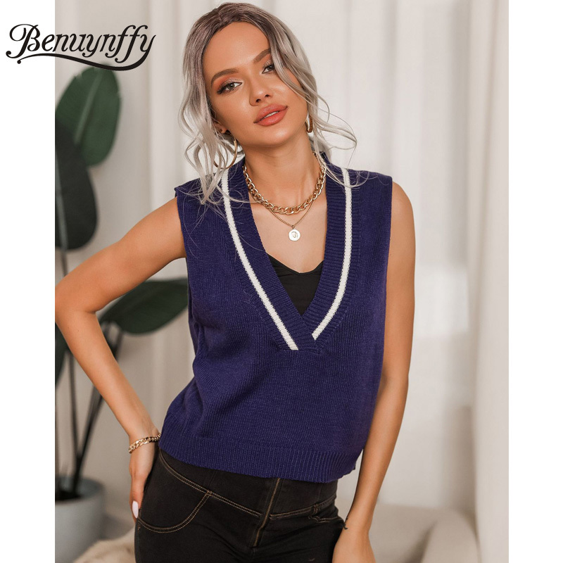 V-neck Contrast Trim Knitted Sweater Vest Women Spring Autumn Vintage Sleeveless Pullover Female Waistcoat 210510