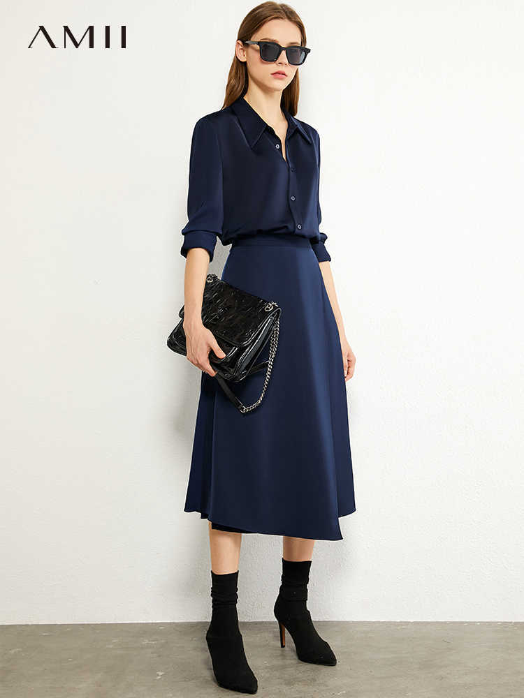 Minimalism Autumn Causal Women Set Solid Bow Neck Full Sleeve Loose Blouse High Waist Irregular Hem Female Skirt 12030517 210527