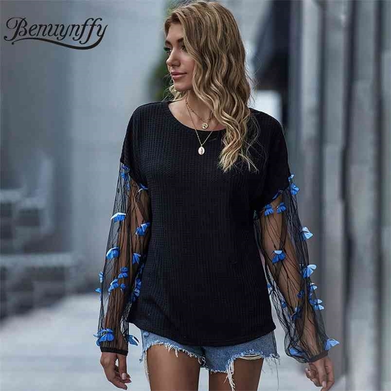 Black 3D Applique Mesh Sleeve Knit T-Shirt Women Autumn Winter O-Neck Long Casual T Shirt Tops Pullover Female 210510