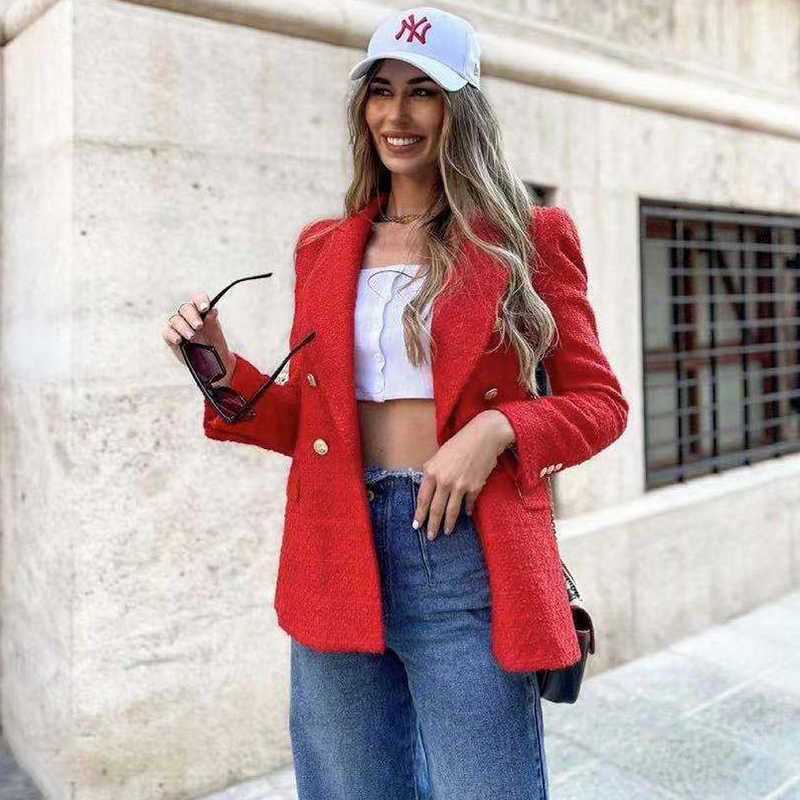 Tweed Women Vintage Red Blazers Autumn Fashion Ladies Elegant Slim Jacket Streerwear Girls Chic Blazer Cute 210527