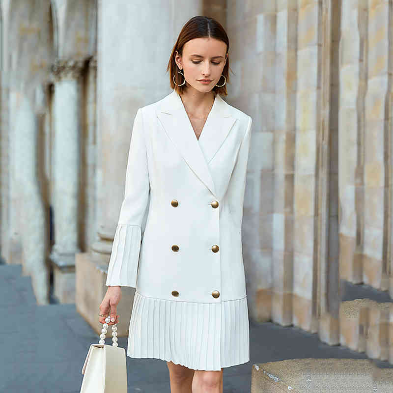 [EAM] Women White Double Breasted Pleated Suit Dress Notched Long Sleeve Loose Fit Fashion Spring Autumn 1S071 21512