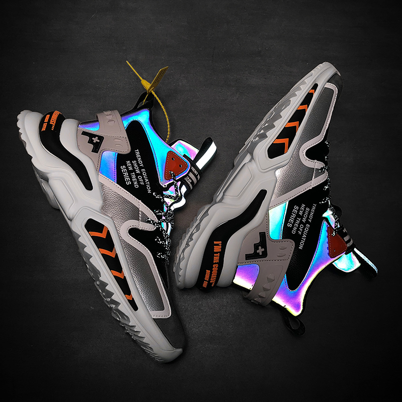 2022 Spring New Fashion Breathable Reflective Men's Basketball Shoes Lace-Up Designer High Top Chunky Sneakers, Orange