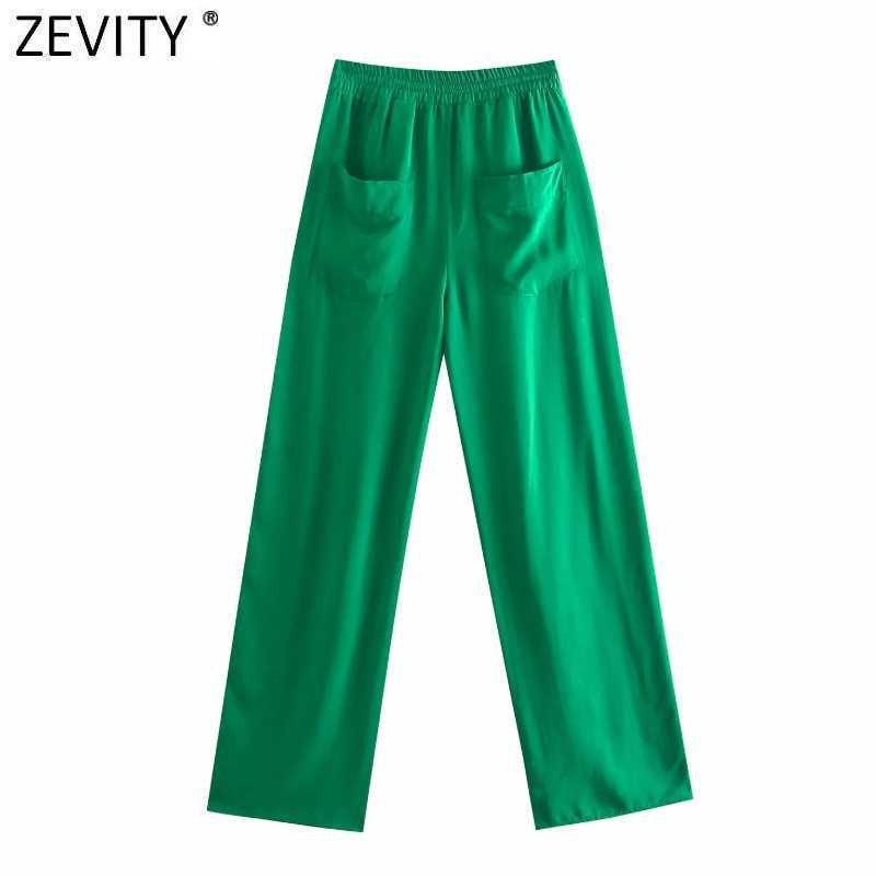 Zevity Women Simply Solid Green Color Pockets Casual Straight Pants Female Chic Elastic Waist Lace Up Summer Long Trousers P1116 210603