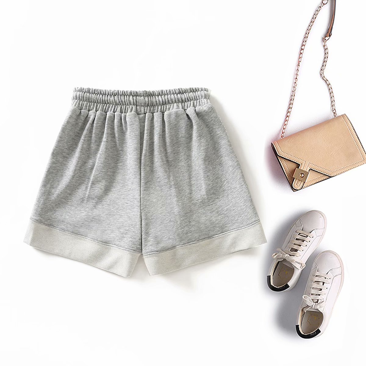 Vintage Gray Stitching Straight Elastic Belt Women Shorts Fashion Casual Loose Pants Chic Female 210507