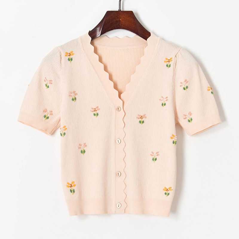 Beading Flower Wave Cardigan Women Summer V-neck Short Sleeve Knit Blouses for Woman Elegant Fresh All-match Female Tops 210525