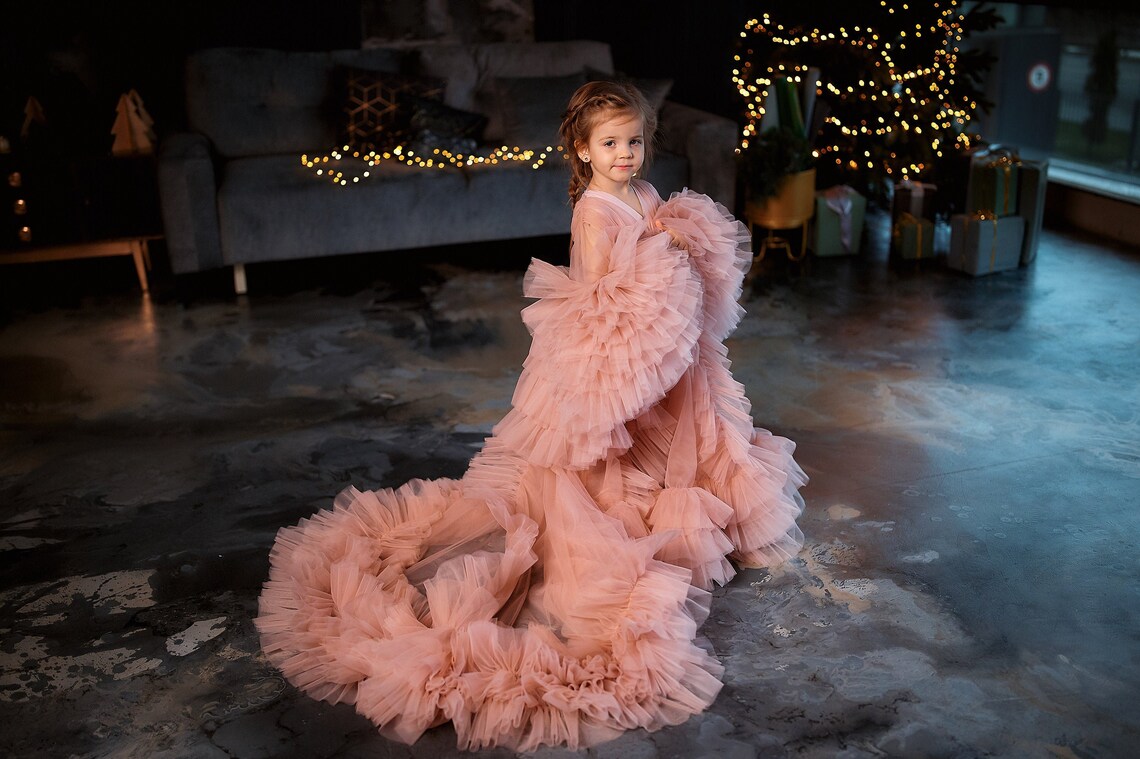 Pink Ruffles Flower Girls Dresses For Weddings Baby Party Prom Photoshoot Girl Dress Long Sleeve Birthday Gowns